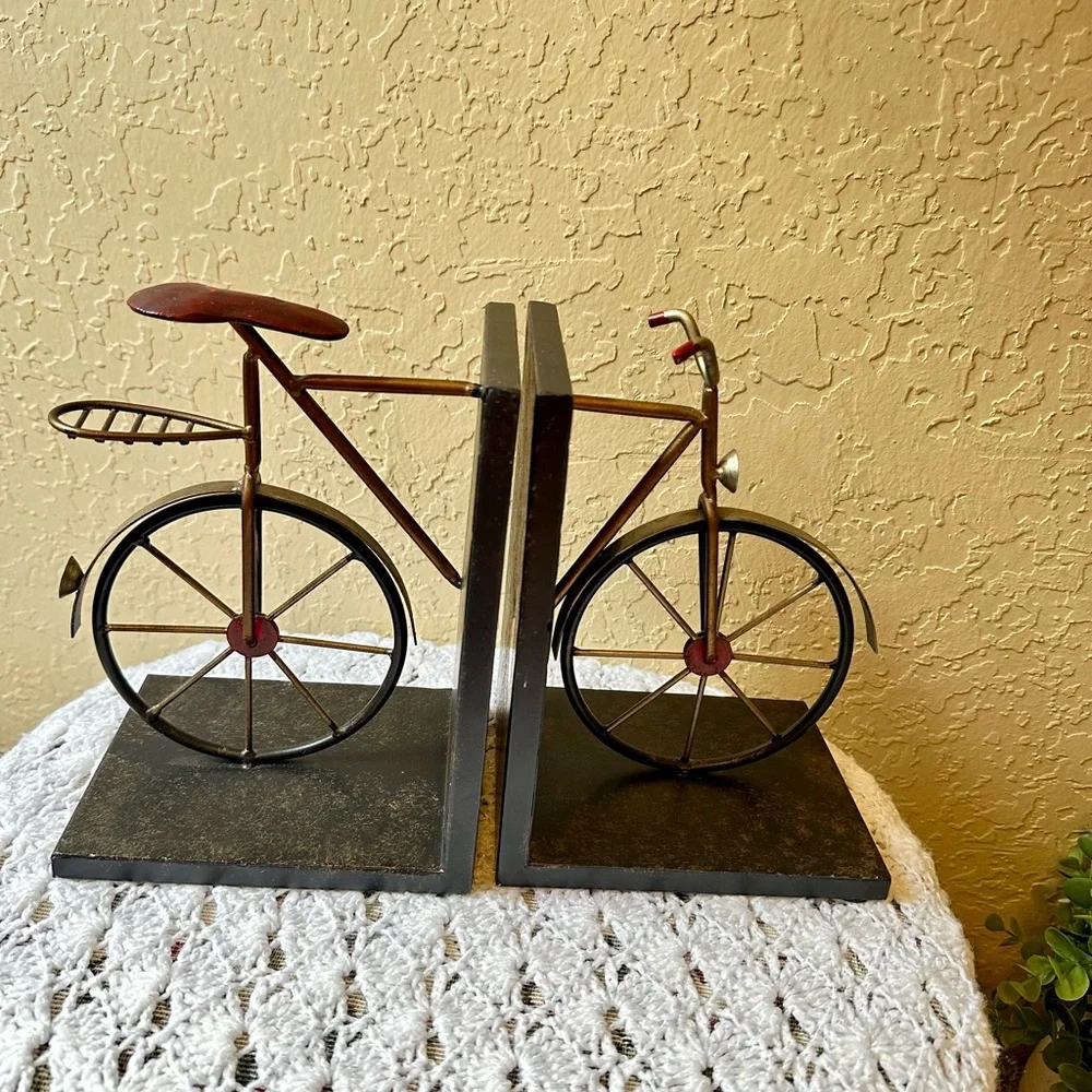 Vintage Bicycle Book Ends Metal Black Red Silver Gold Very Detailed Retro Style